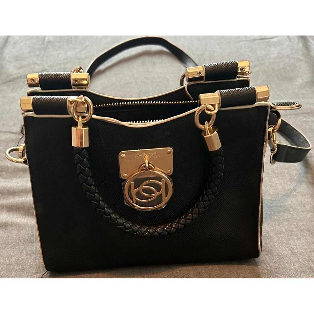 Bebe Black Saffiano Crossbody Satchel Bag Braided Handle Gold Logo Medallion